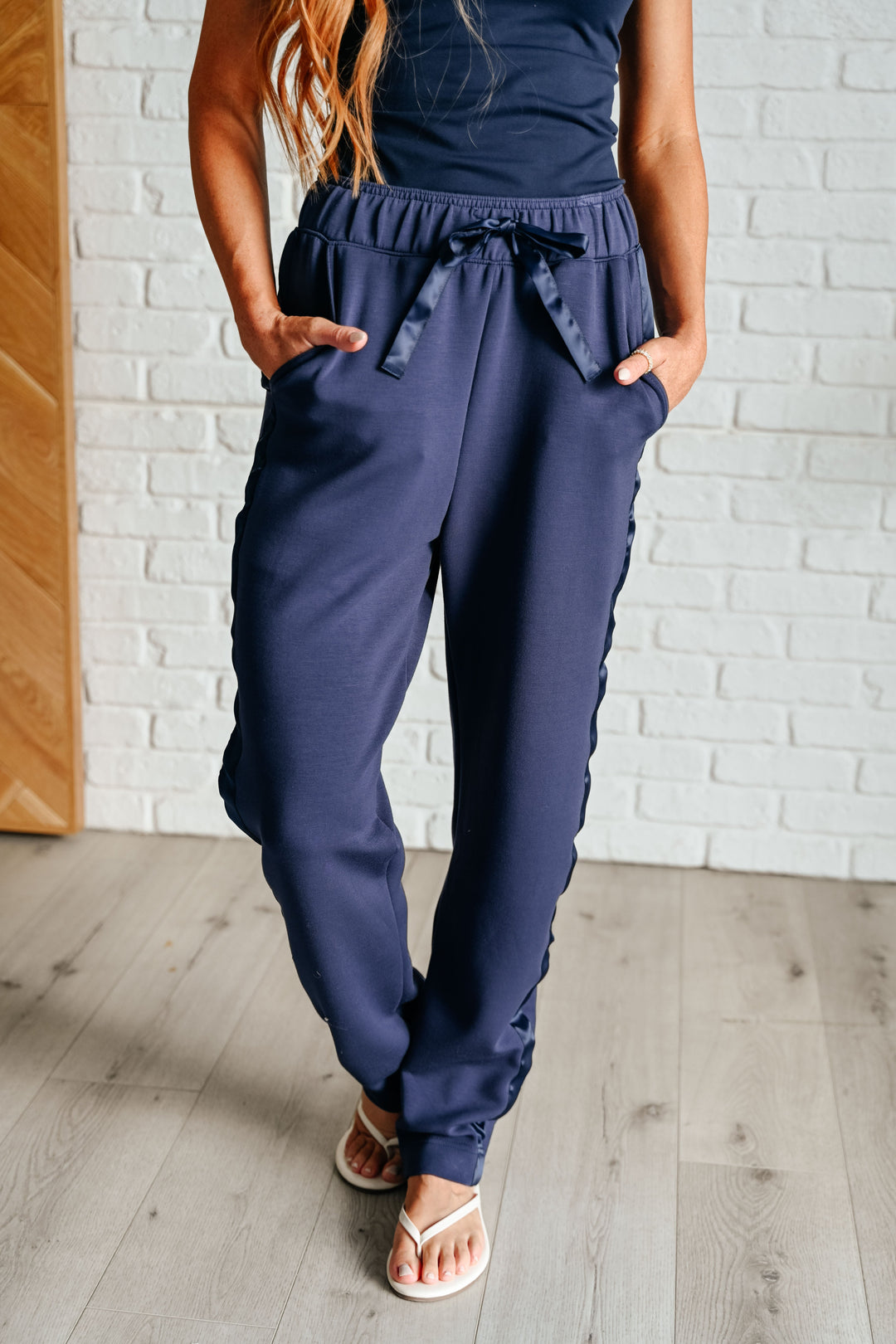 Rae Mode Lysa Satin Stripe Lounge Pants in Smoky Navy-Athleisure-Ave Shops-[option4]-[option5]-[option6]-[option7]-[option8]-Shop-Boutique-Clothing-for-Women-Online