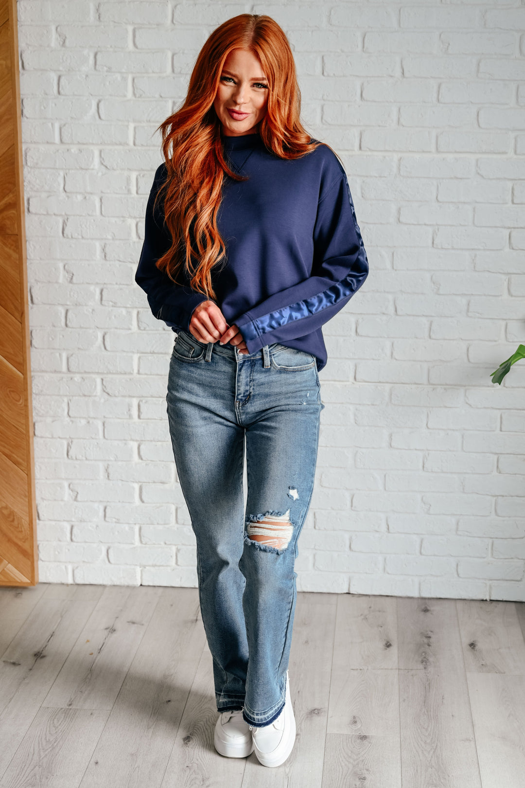 Rae Mode Lysa Satin Stripe Pullover in Smoky Navy-Athleisure-Ave Shops-[option4]-[option5]-[option6]-[option7]-[option8]-Shop-Boutique-Clothing-for-Women-Online