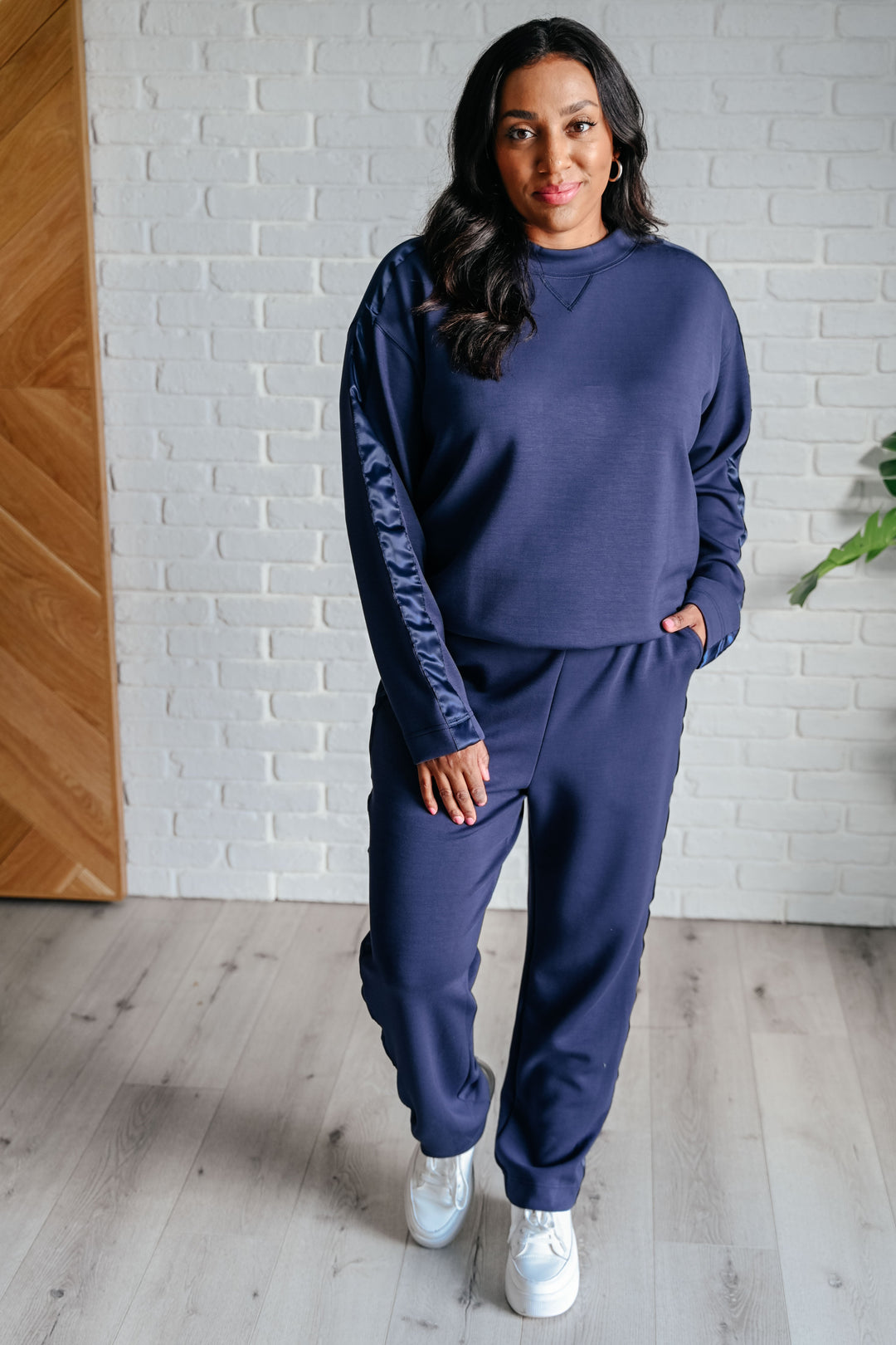 Rae Mode Lysa Satin Stripe Lounge Pants in Smoky Navy-Athleisure-Ave Shops-[option4]-[option5]-[option6]-[option7]-[option8]-Shop-Boutique-Clothing-for-Women-Online