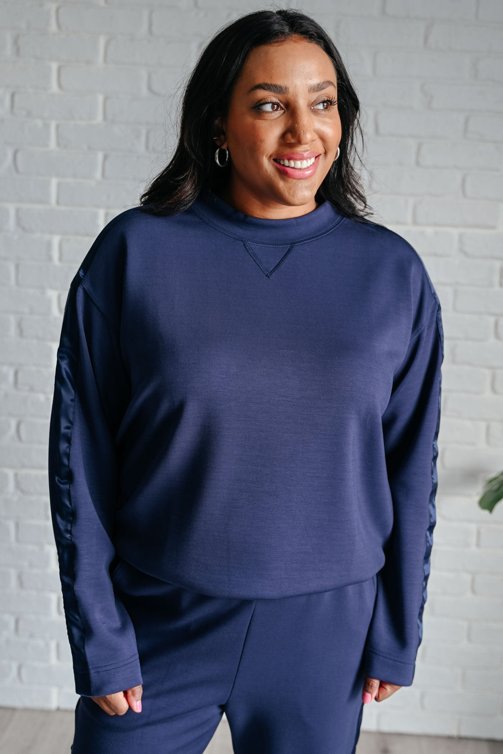 Rae Mode Lysa Satin Stripe Pullover in Smoky Navy-Athleisure-Ave Shops-[option4]-[option5]-[option6]-[option7]-[option8]-Shop-Boutique-Clothing-for-Women-Online