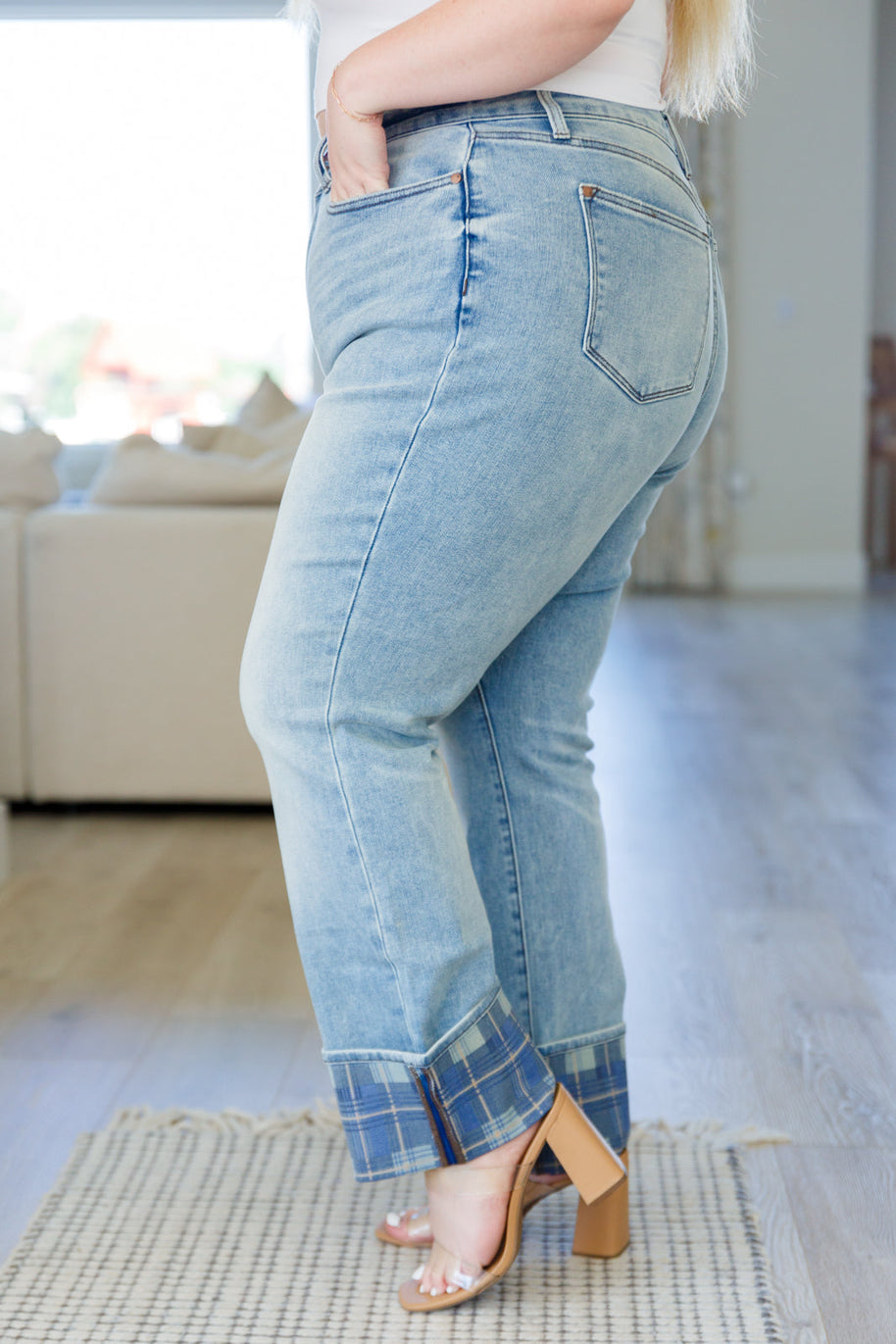 Judy Blue Miranda High Rise Plaid Cuff Vintage Straight Jeans-Denim-Ave Shops-[option4]-[option5]-[option6]-[option7]-[option8]-Shop-Boutique-Clothing-for-Women-Online