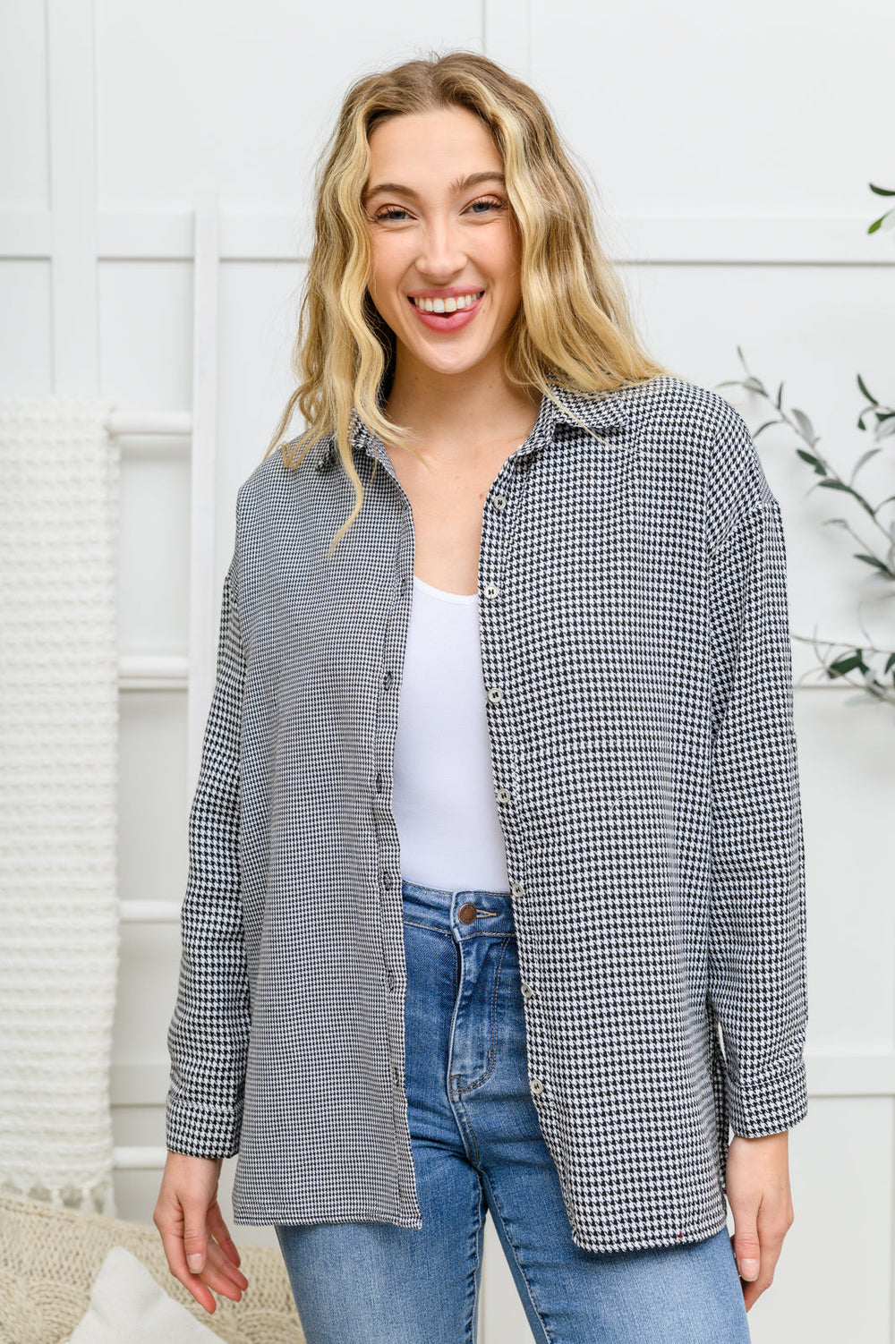 Mixed Houndstooth Button Up Top-Womens-Ave Shops-[option4]-[option5]-[option6]-[option7]-[option8]-Shop-Boutique-Clothing-for-Women-Online