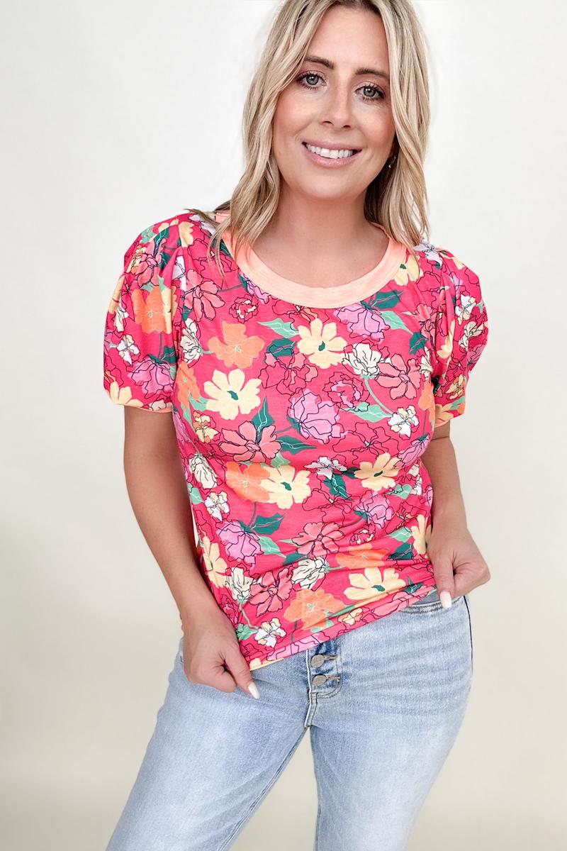 BiBi Floral Printed Jersey Knit Puff Sleeve Contrast Banded Top-Tank Tops & Camis-Kiwidrop-[option4]-[option5]-[option6]-[option7]-[option8]-Shop-Boutique-Clothing-for-Women-Online