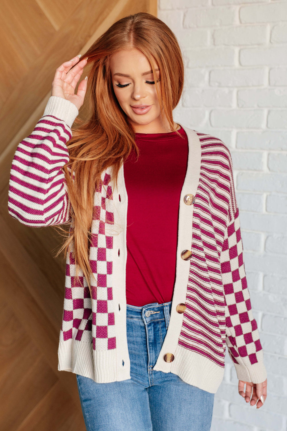 No Brainer Button Down Sweater Knit Cardigan in Magenta/Oatmeal-Layers-Ave Shops-[option4]-[option5]-[option6]-[option7]-[option8]-Shop-Boutique-Clothing-for-Women-Online