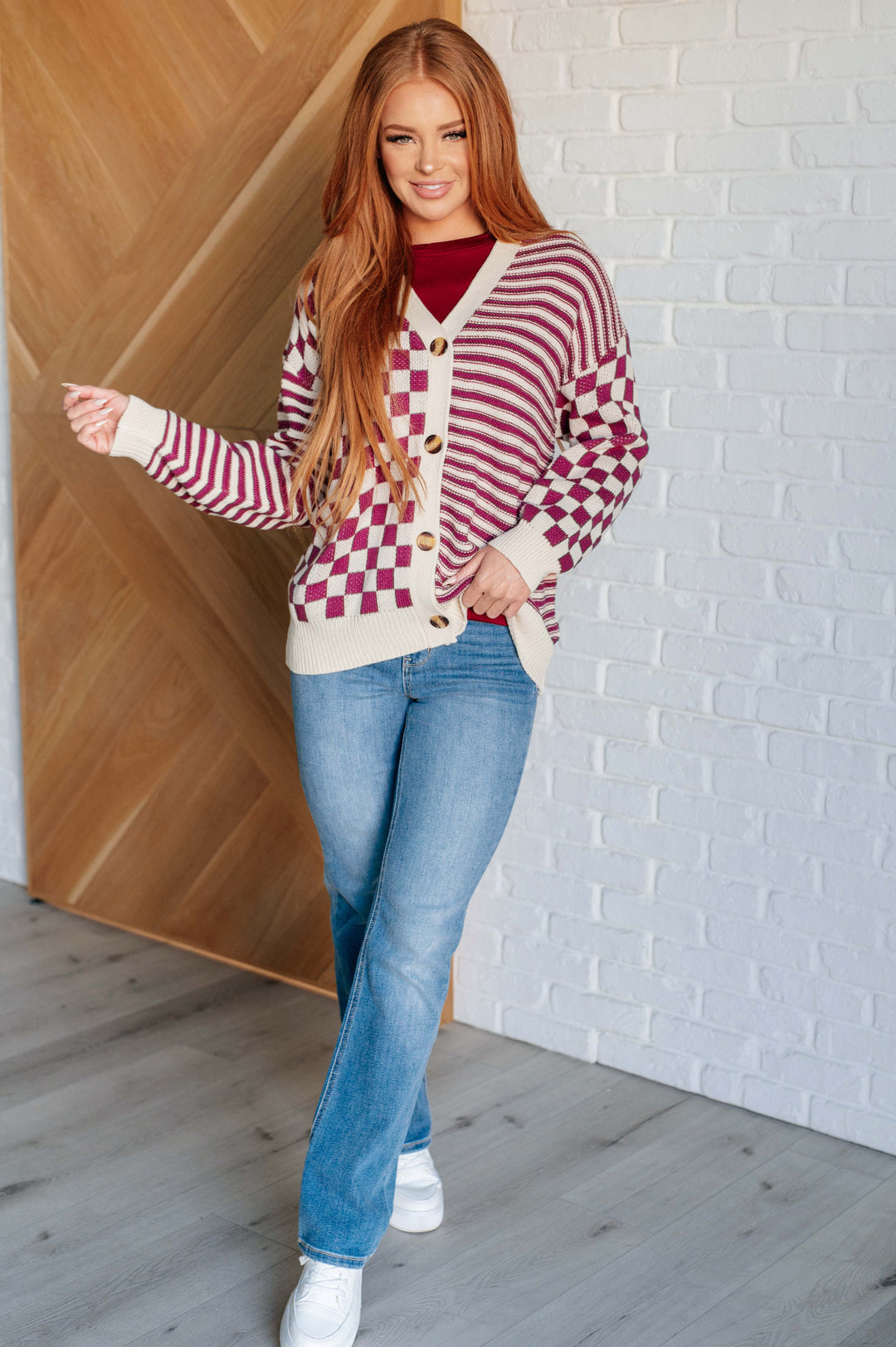 No Brainer Button Down Sweater Knit Cardigan in Magenta/Oatmeal-Layers-Ave Shops-[option4]-[option5]-[option6]-[option7]-[option8]-Shop-Boutique-Clothing-for-Women-Online