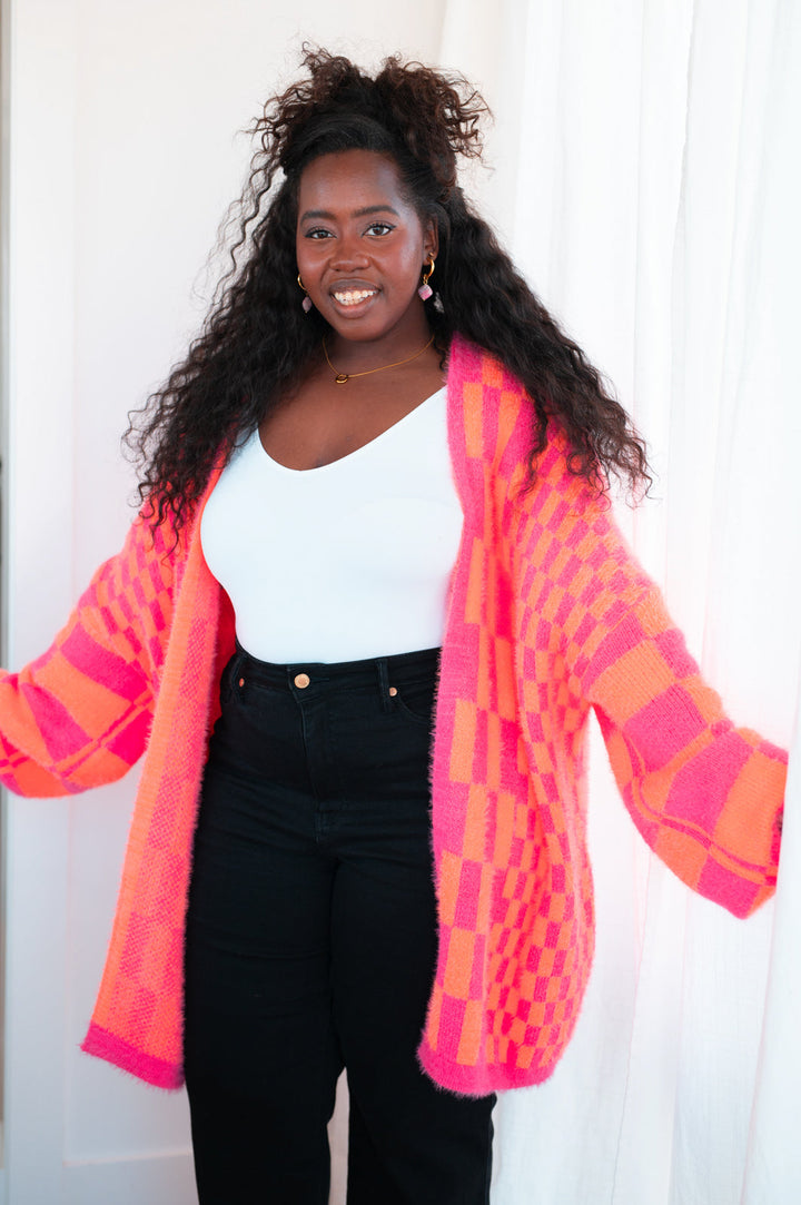 Noticed in Neon Checkered Cardigan in Pink and Orange-Layers-Ave Shops-[option4]-[option5]-[option6]-[option7]-[option8]-Shop-Boutique-Clothing-for-Women-Online