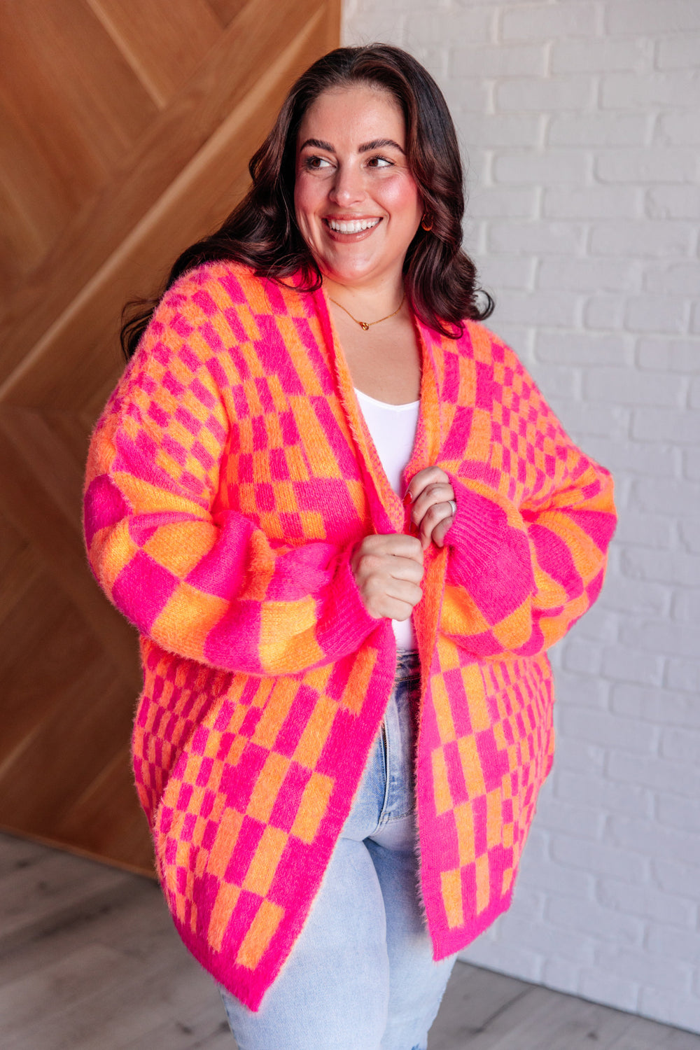 Noticed in Neon Checkered Cardigan in Pink and Orange-Layers-Ave Shops-[option4]-[option5]-[option6]-[option7]-[option8]-Shop-Boutique-Clothing-for-Women-Online