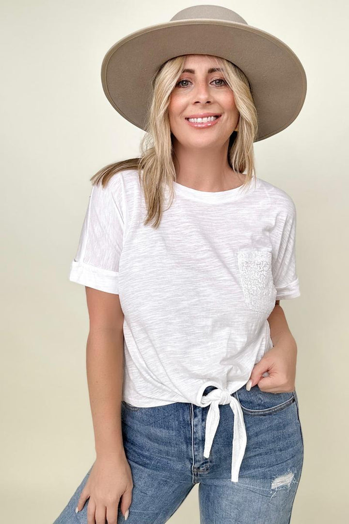 Gigio Cropped T-Shirt with Sequin Pocket and Tie Front-Blouses-Kiwidrop-White-S-[option4]-[option5]-[option6]-[option7]-[option8]-Shop-Boutique-Clothing-for-Women-Online