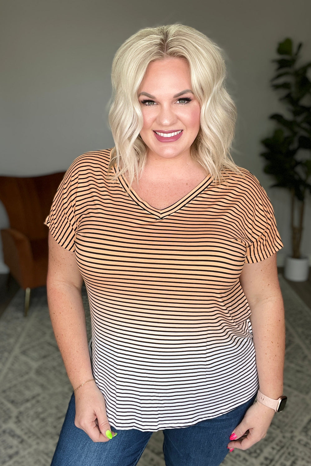 Ombre Stripe V-Neck T in Neon Coral-Tops-Ave Shops-[option4]-[option5]-[option6]-[option7]-[option8]-Shop-Boutique-Clothing-for-Women-Online