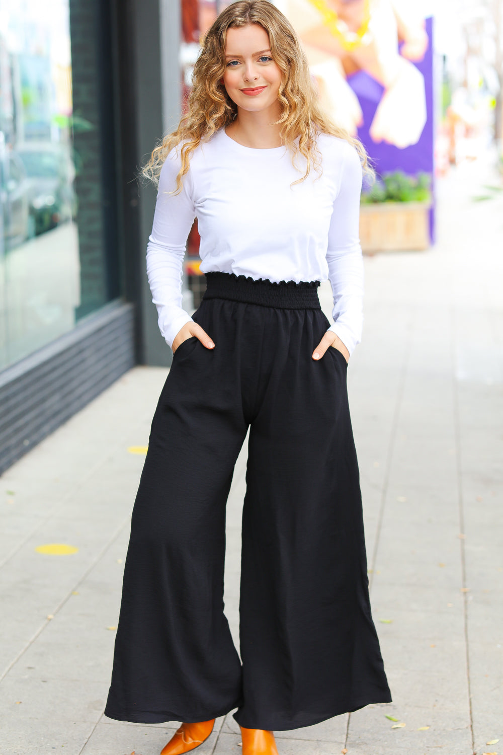 Haptics Relaxed Fun Black Smocked Waist Palazzo Pants-Haptics-[option4]-[option5]-[option6]-[option7]-[option8]-Shop-Boutique-Clothing-for-Women-Online