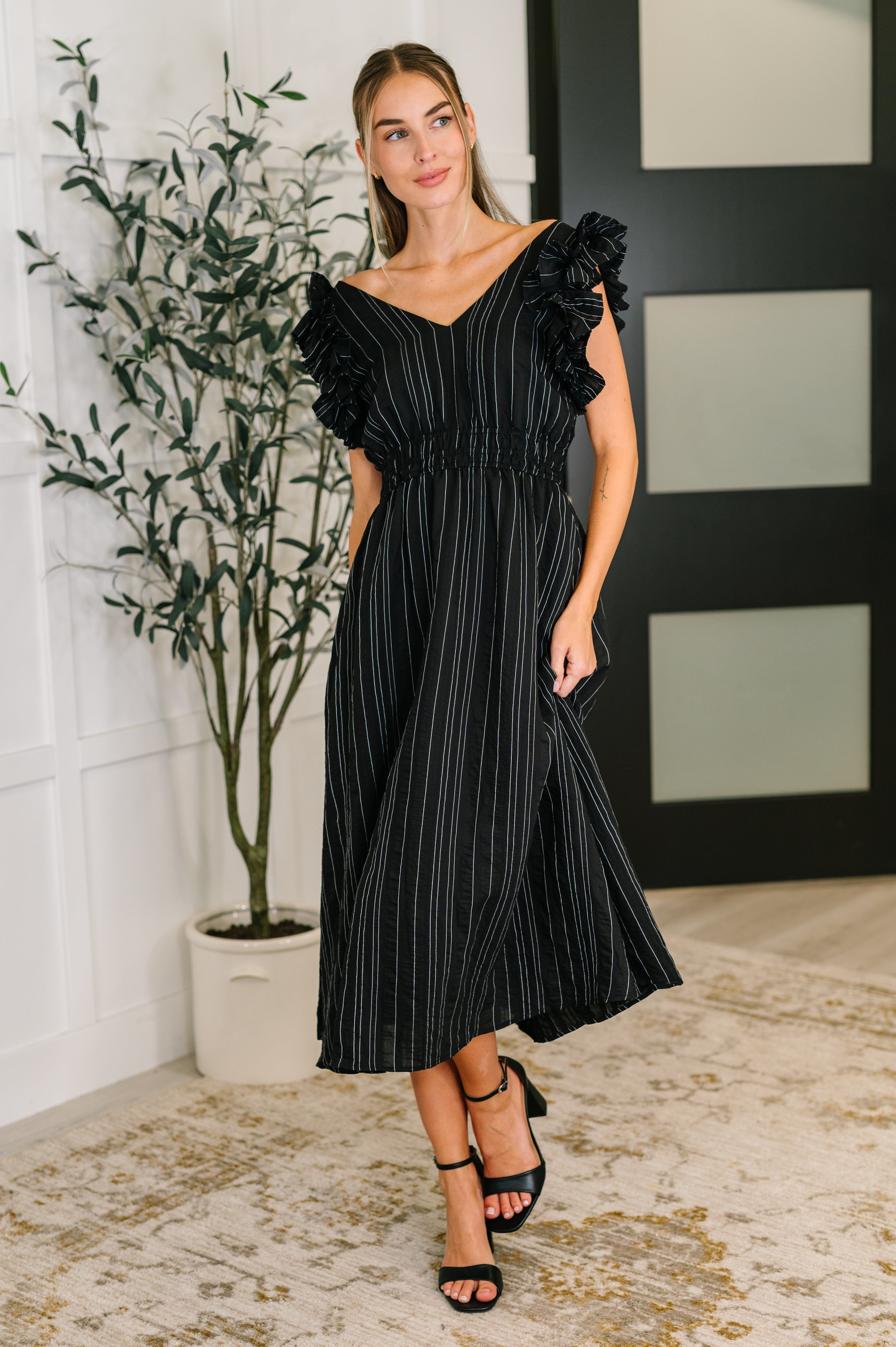 Pinstripe Romance V-Neck Ruffle Sleeve Dress in Black-Womens-Ave Shops-[option4]-[option5]-[option6]-[option7]-[option8]-Shop-Boutique-Clothing-for-Women-Online