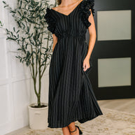 Pinstripe Romance V-Neck Ruffle Sleeve Dress in Black-Womens-Ave Shops-[option4]-[option5]-[option6]-[option7]-[option8]-Shop-Boutique-Clothing-for-Women-Online
