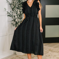Pinstripe Romance V-Neck Ruffle Sleeve Dress in Black-Womens-Ave Shops-[option4]-[option5]-[option6]-[option7]-[option8]-Shop-Boutique-Clothing-for-Women-Online