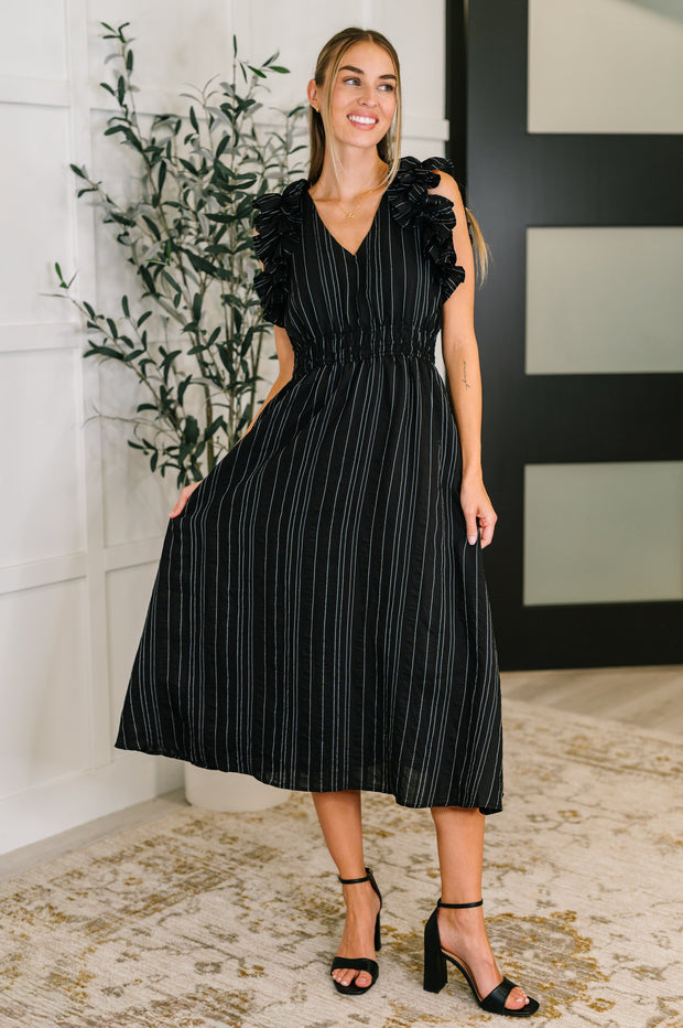 Pinstripe Romance V-Neck Ruffle Sleeve Dress in Black-Womens-Ave Shops-[option4]-[option5]-[option6]-[option7]-[option8]-Shop-Boutique-Clothing-for-Women-Online