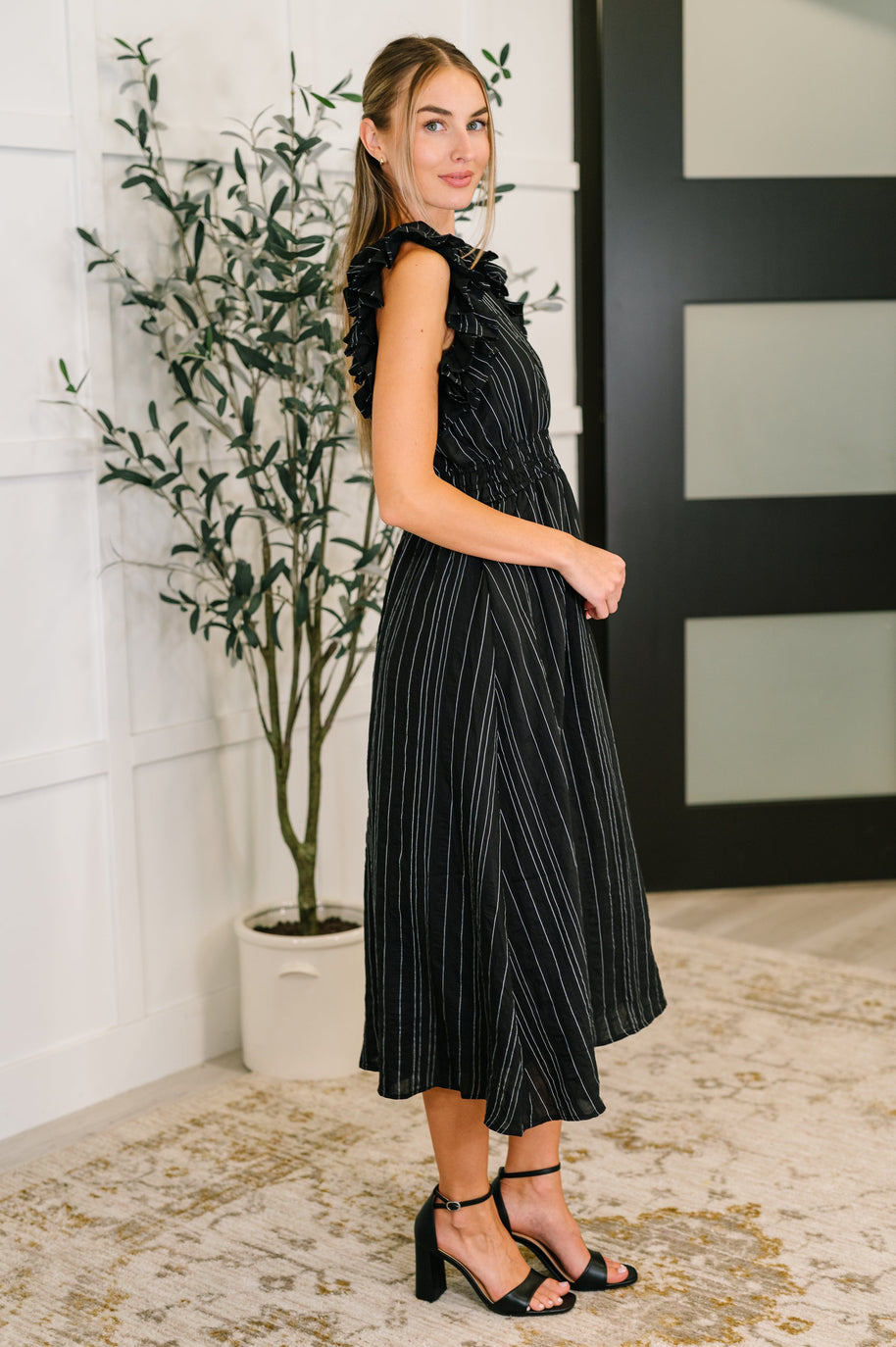 Pinstripe Romance V-Neck Ruffle Sleeve Dress in Black-Womens-Ave Shops-[option4]-[option5]-[option6]-[option7]-[option8]-Shop-Boutique-Clothing-for-Women-Online