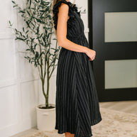 Pinstripe Romance V-Neck Ruffle Sleeve Dress in Black-Womens-Ave Shops-[option4]-[option5]-[option6]-[option7]-[option8]-Shop-Boutique-Clothing-for-Women-Online