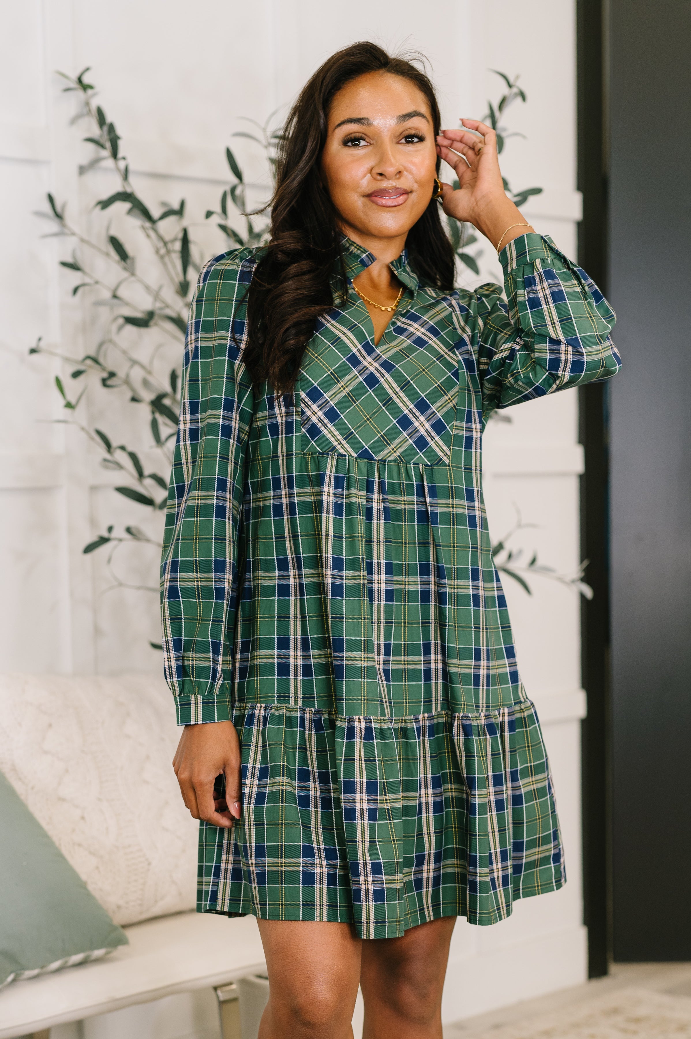 Plaid Perspective Split Neck Long Sleeve Dress-Womens-Ave Shops-[option4]-[option5]-[option6]-[option7]-[option8]-Shop-Boutique-Clothing-for-Women-Online
