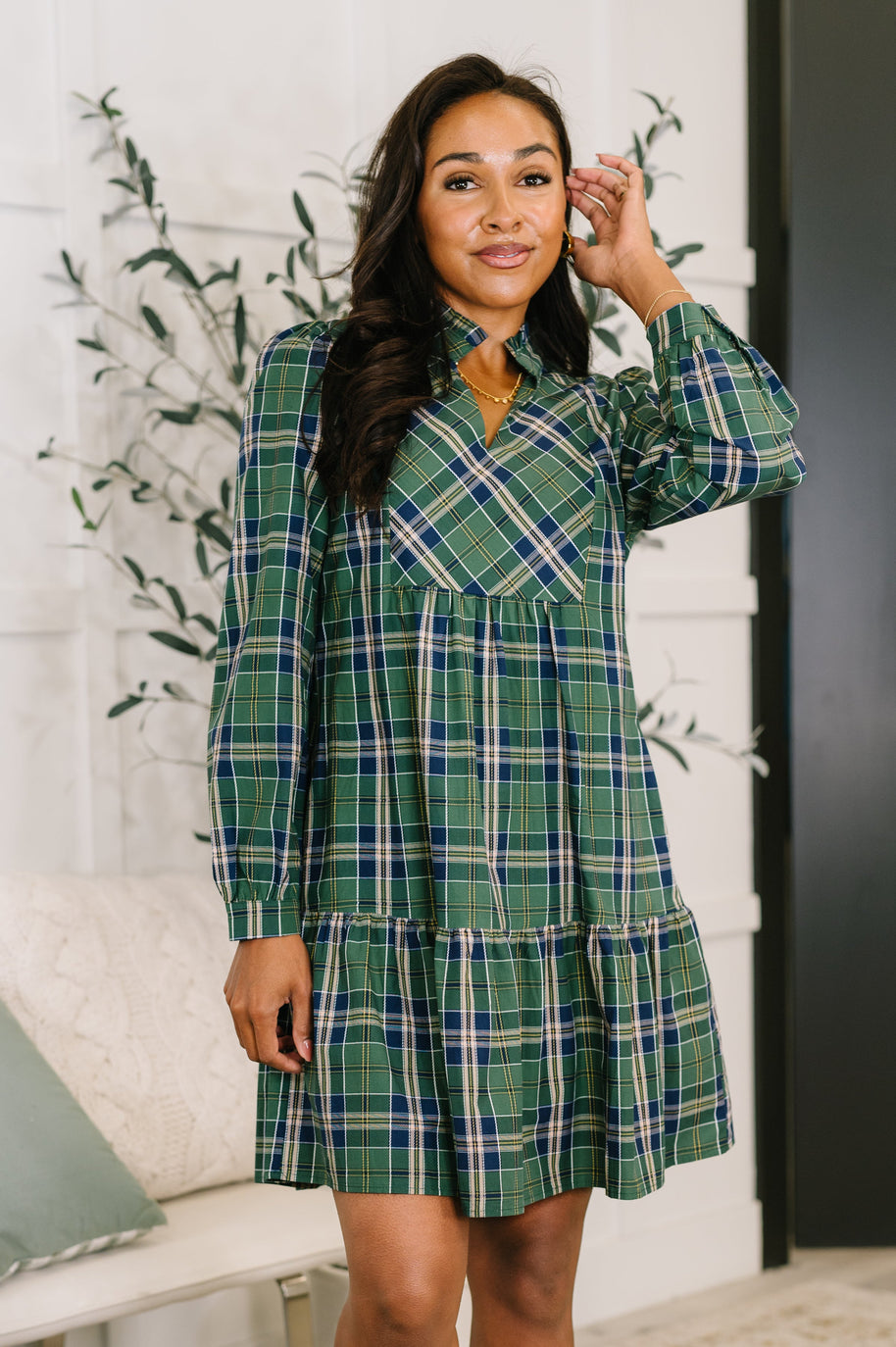 Plaid Perspective Split Neck Long Sleeve Dress-Womens-Ave Shops-[option4]-[option5]-[option6]-[option7]-[option8]-Shop-Boutique-Clothing-for-Women-Online