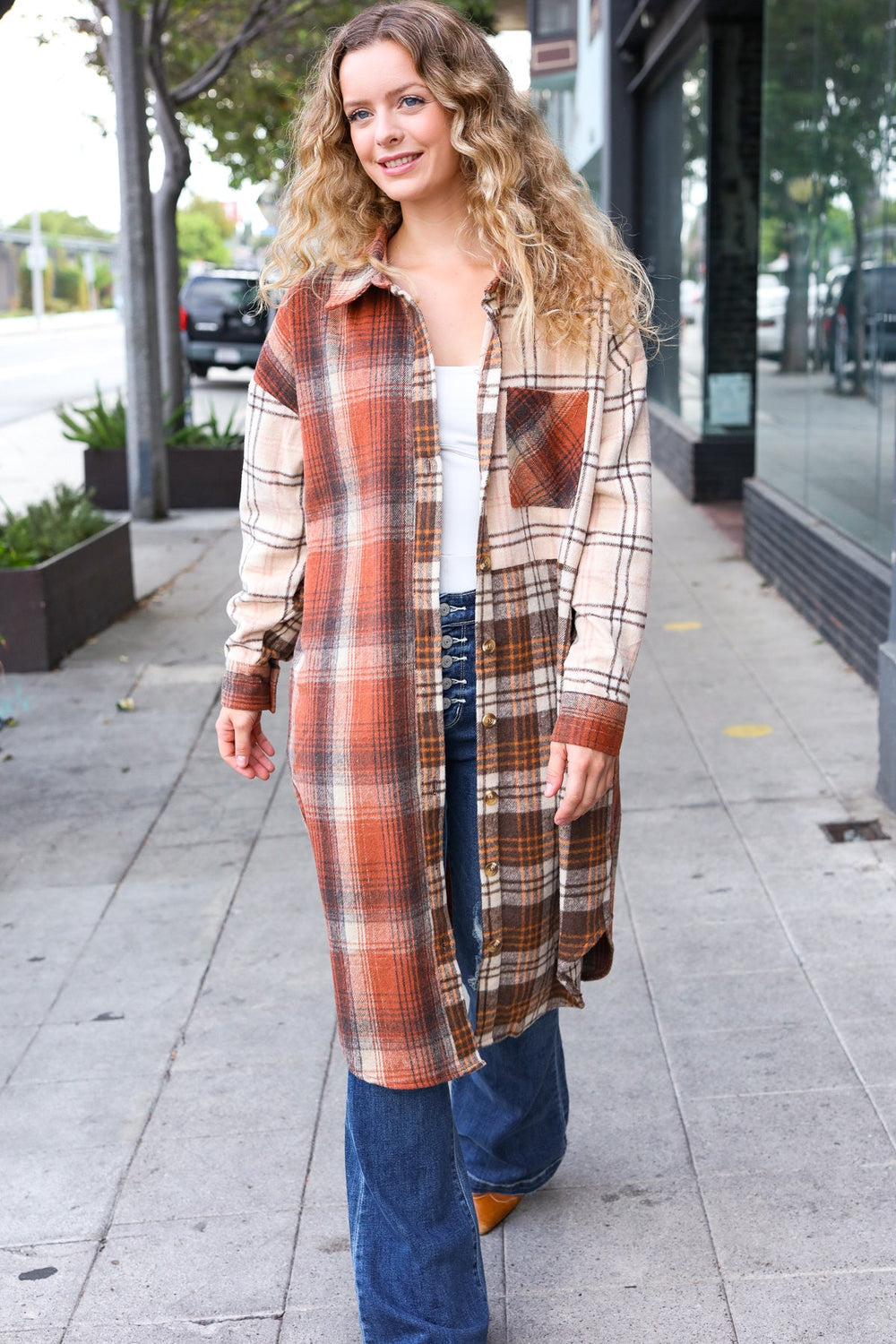 Stand Out Rust & Taupe Color Block Plaid Longline Shacket-Haptics-[option4]-[option5]-[option6]-[option7]-[option8]-Shop-Boutique-Clothing-for-Women-Online