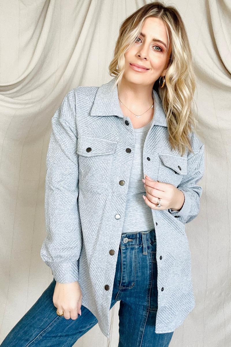 Solid Textured Flap Pocket Buttoned Shacket-Jackets-Kiwidrop-Gray-S-[option4]-[option5]-[option6]-[option7]-[option8]-Shop-Boutique-Clothing-for-Women-Online