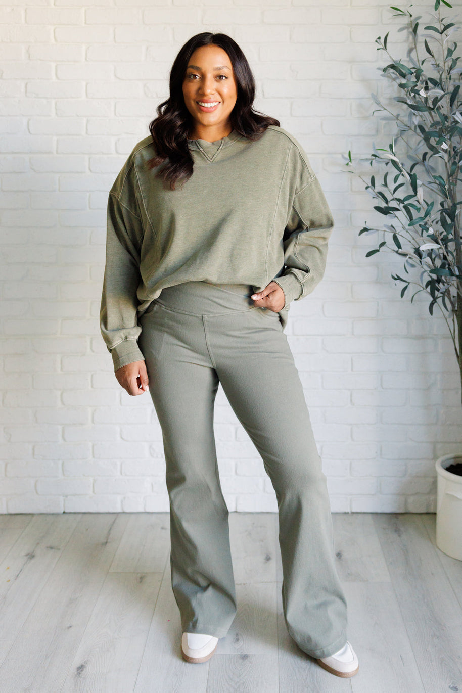 Rae Mode Building Habits Twill Flared Crossover Waist Pant in Dusty Olive-Bottoms-Ave Shops-[option4]-[option5]-[option6]-[option7]-[option8]-Shop-Boutique-Clothing-for-Women-Online