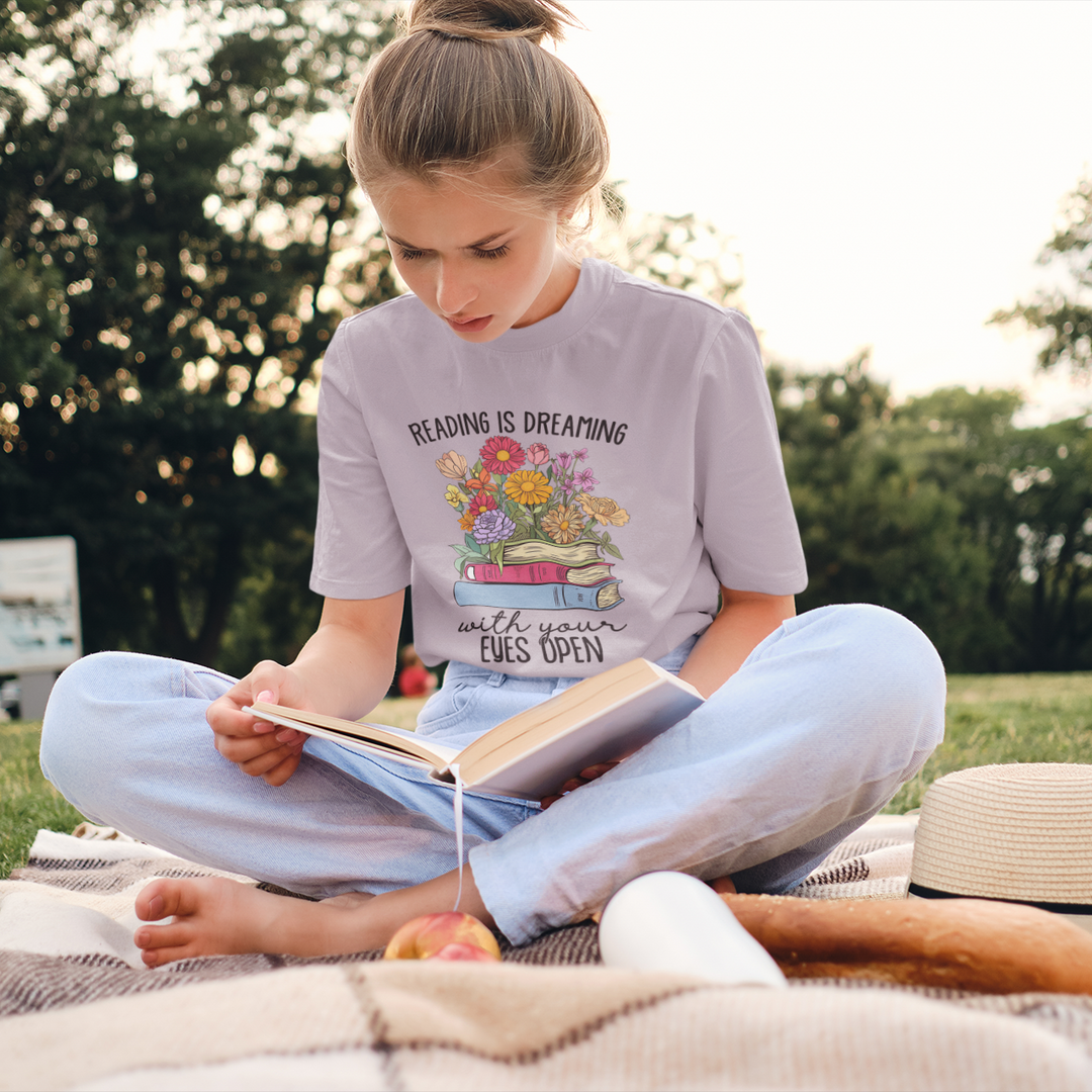 Reading is Dreaming with Your Eyes Open-Womans t-shirt-Tea Shirt Shoppe-[option4]-[option5]-[option6]-[option7]-[option8]-Shop-Boutique-Clothing-for-Women-Online