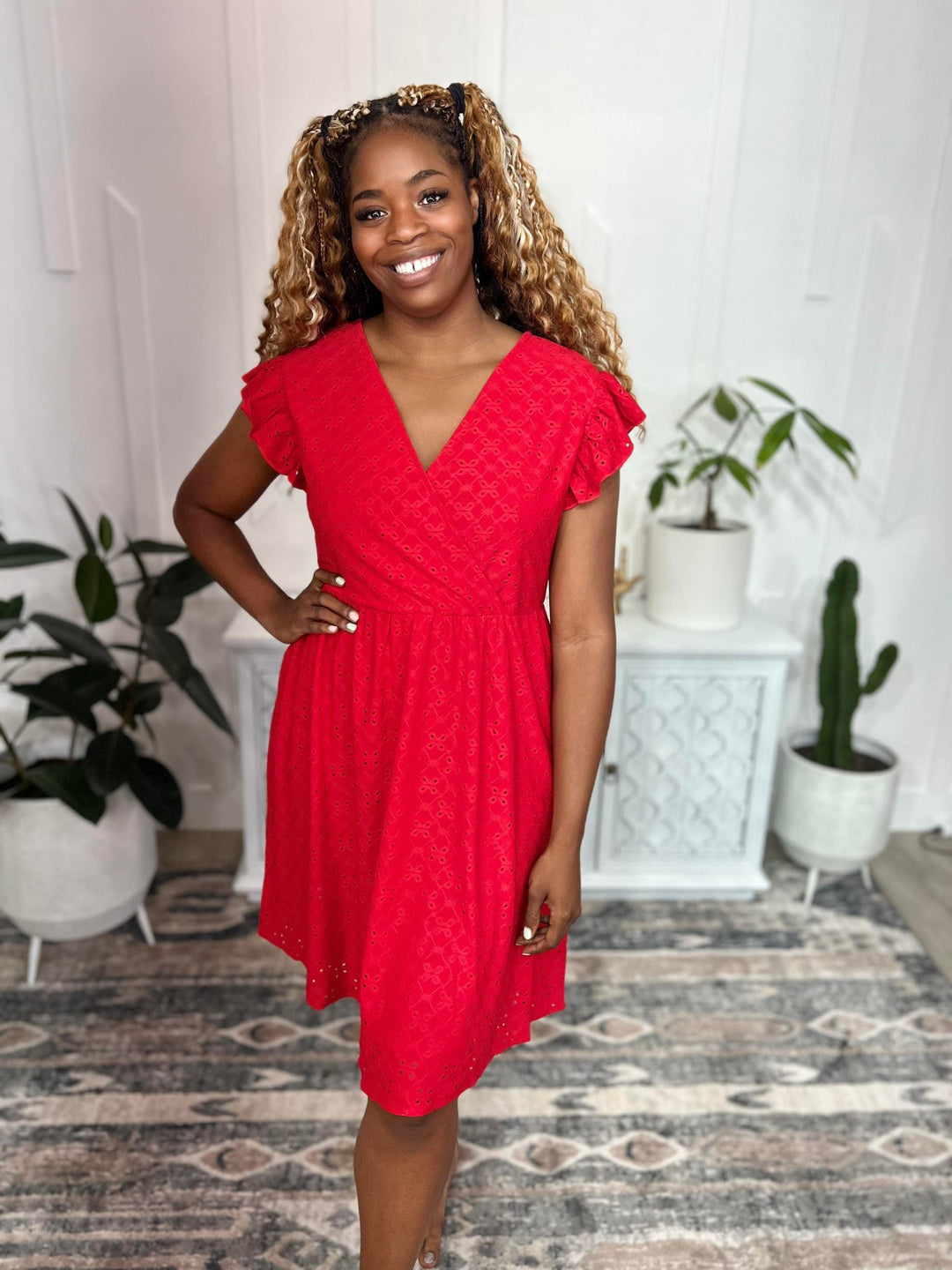 Shirley & Stone Rebecca Ruffle Sleeve Eyelet Dress - Red-In Stock Shirley&amp;Stone-Shirley & Stone-#7-Red-S-[option4]-[option5]-[option6]-[option7]-[option8]-Shop-Boutique-Clothing-for-Women-Online