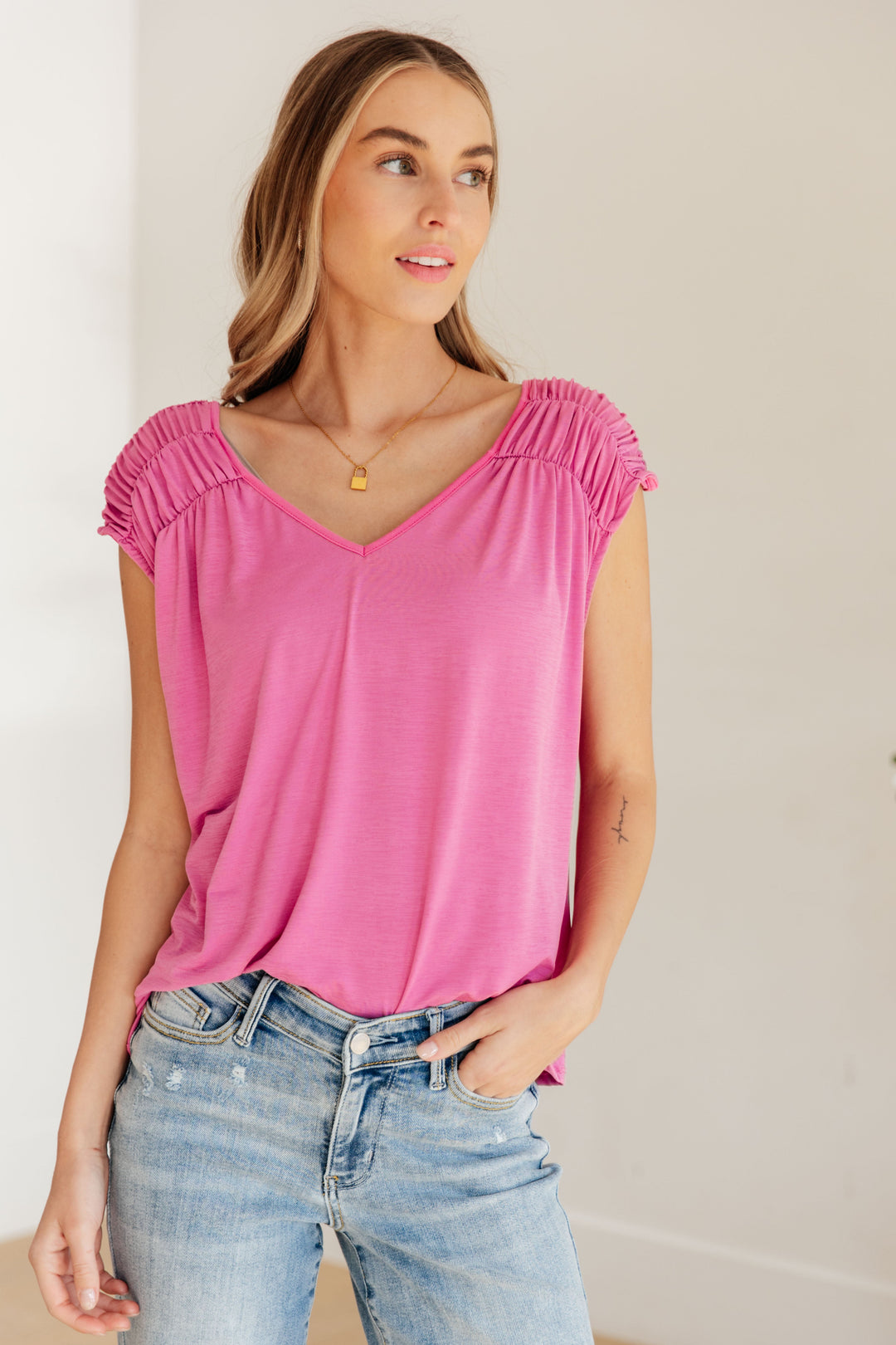 Ruched Cap Sleeve Top in Magenta-Womens-Ave Shops-[option4]-[option5]-[option6]-[option7]-[option8]-Shop-Boutique-Clothing-for-Women-Online