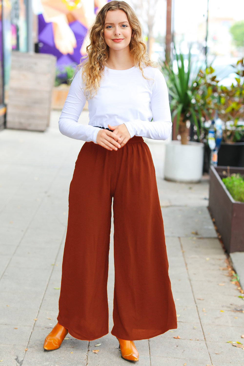 Haptics Relaxed Fun Rust Smocked Waist Palazzo Pants-Haptics-[option4]-[option5]-[option6]-[option7]-[option8]-Shop-Boutique-Clothing-for-Women-Online