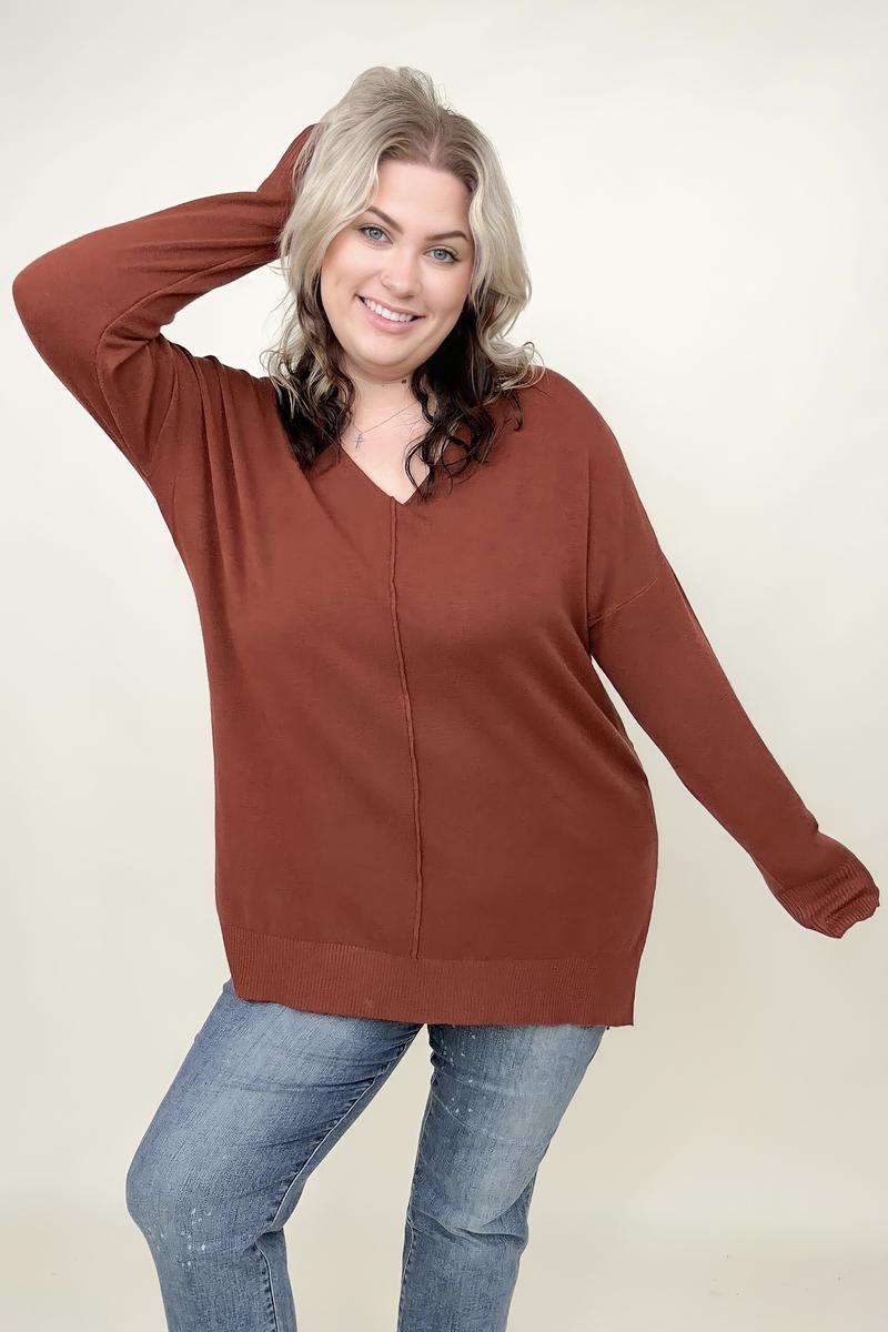 Zenana Hi-Low Hem V Neck Knit Top-Sweaters-Kiwidrop-DK Rust-XS-[option4]-[option5]-[option6]-[option7]-[option8]-Shop-Boutique-Clothing-for-Women-Online
