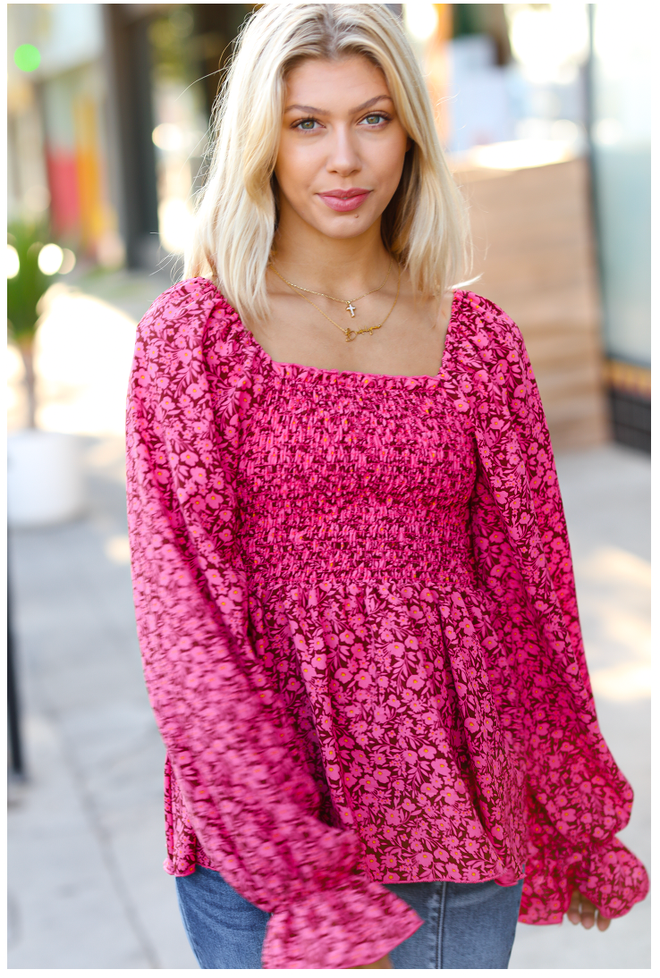 Haptics Always With You Fuchsia Smocked Ditzy Floral Ruffle Top-Haptics-[option4]-[option5]-[option6]-[option7]-[option8]-Shop-Boutique-Clothing-for-Women-Online