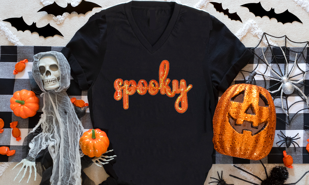 SPOOKY Sequins Patch V-NECK-Graphic Tee-Exclusive Thredz-[option4]-[option5]-[option6]-[option7]-[option8]-Shop-Boutique-Clothing-for-Women-Online