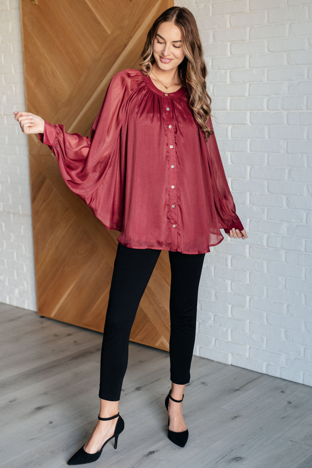 Smiles and Pouts Bat Sleeve Button Down-Blouses-Ave Shops-[option4]-[option5]-[option6]-[option7]-[option8]-Shop-Boutique-Clothing-for-Women-Online