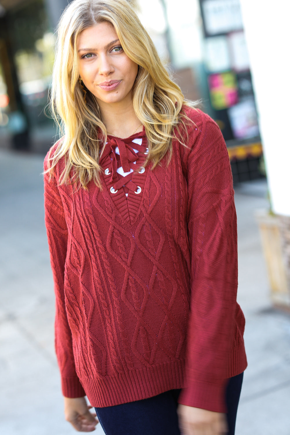 Haptics Rust Cable Knit Lace Up V Neck Sweater-Haptics-[option4]-[option5]-[option6]-[option7]-[option8]-Shop-Boutique-Clothing-for-Women-Online