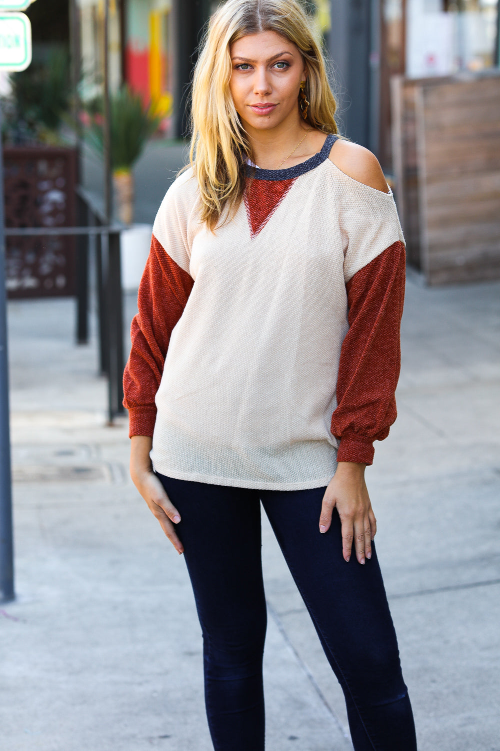 Haptics Oatmeal Textured Sweater Knit Cold Shoulder Top-Haptics-[option4]-[option5]-[option6]-[option7]-[option8]-Shop-Boutique-Clothing-for-Women-Online