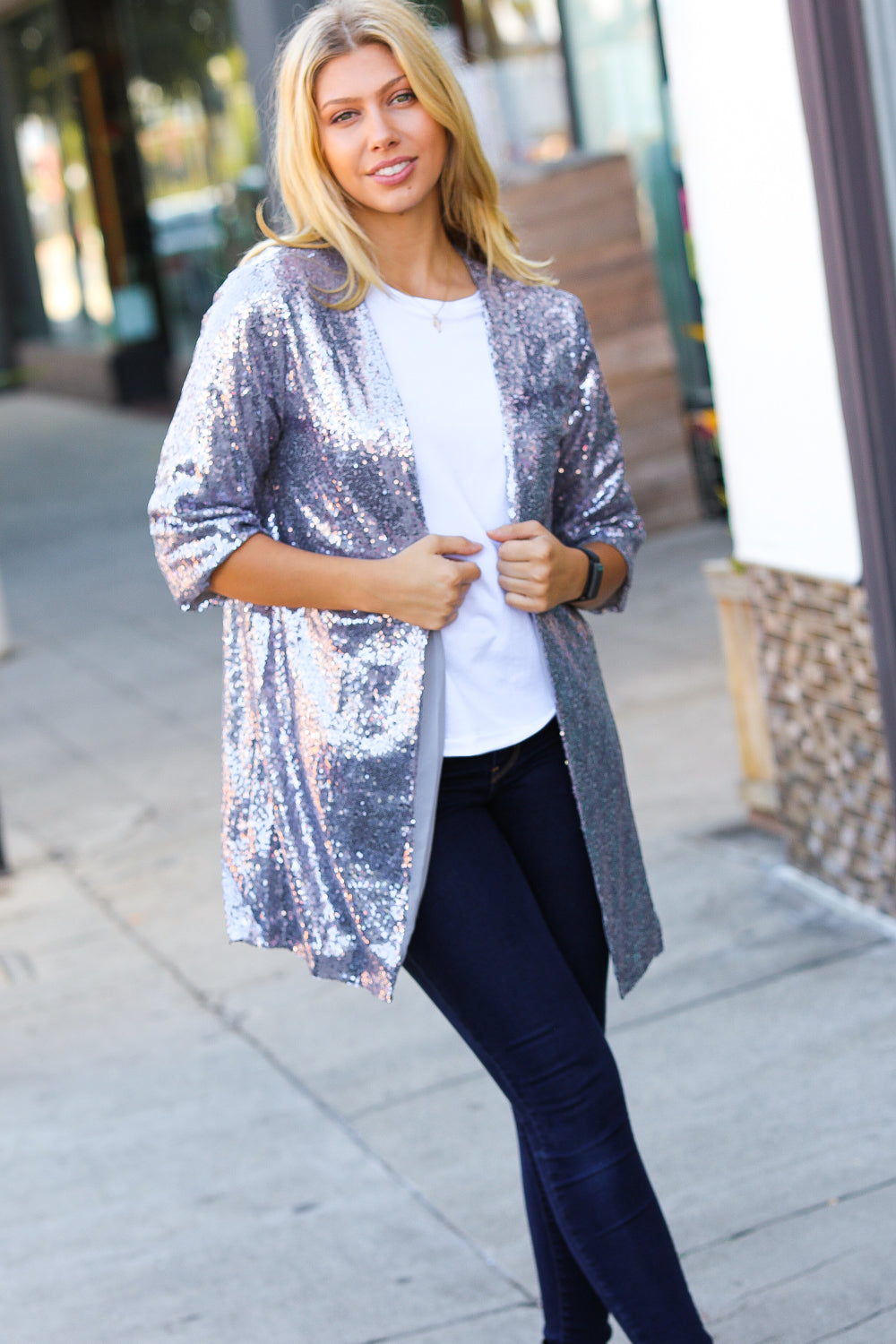 Haptics Holiday Silver Iridescent Sequin Open Lined Cardigan-Haptics-[option4]-[option5]-[option6]-[option7]-[option8]-Shop-Boutique-Clothing-for-Women-Online