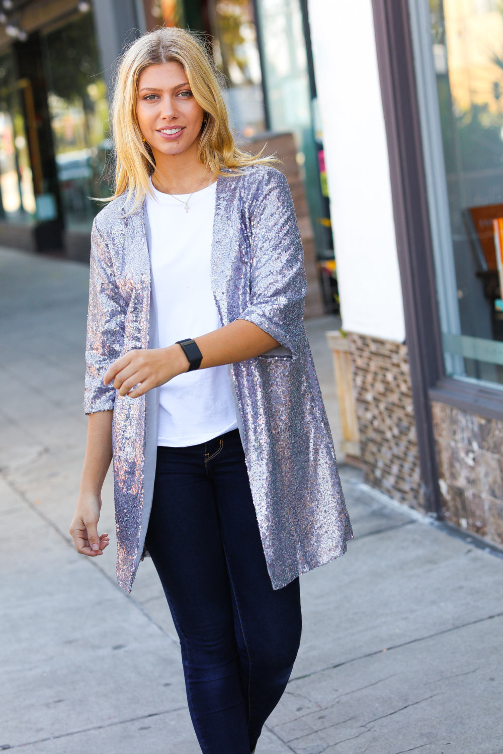 Haptics Holiday Silver Iridescent Sequin Open Lined Cardigan-Haptics-[option4]-[option5]-[option6]-[option7]-[option8]-Shop-Boutique-Clothing-for-Women-Online