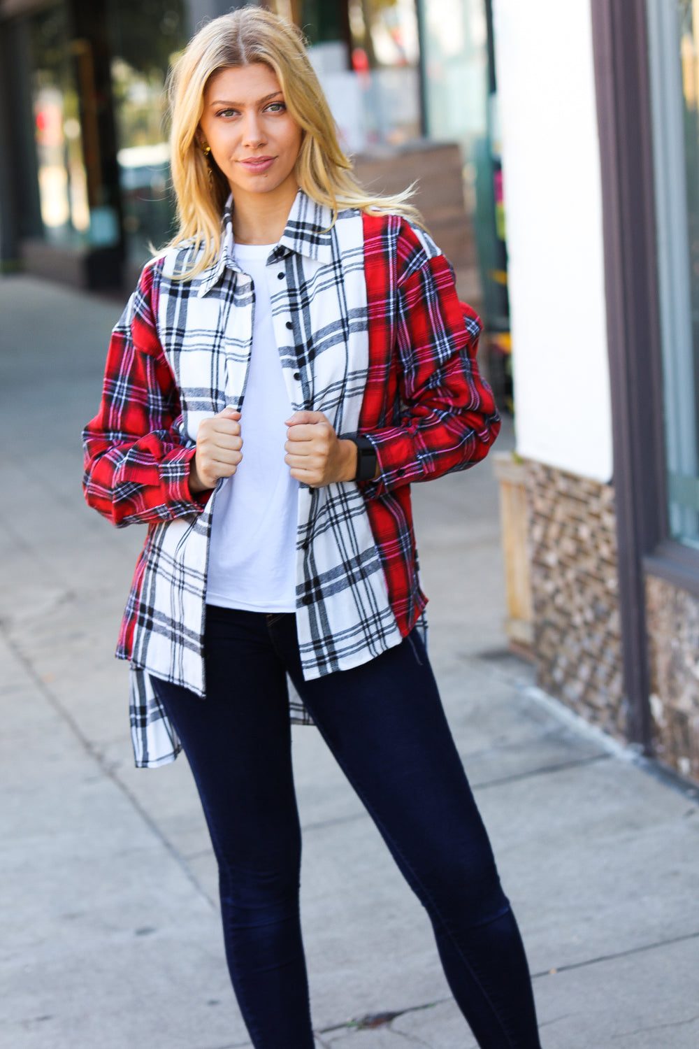Haptics Holiday Red & White Plaid Color Block Hi Lo Shacket-Haptics-[option4]-[option5]-[option6]-[option7]-[option8]-Shop-Boutique-Clothing-for-Women-Online
