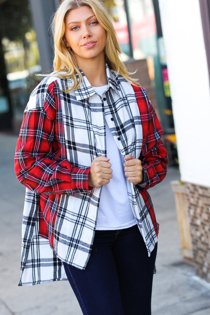 Haptics Holiday Red & White Plaid Color Block Hi Lo Shacket-Haptics-[option4]-[option5]-[option6]-[option7]-[option8]-Shop-Boutique-Clothing-for-Women-Online