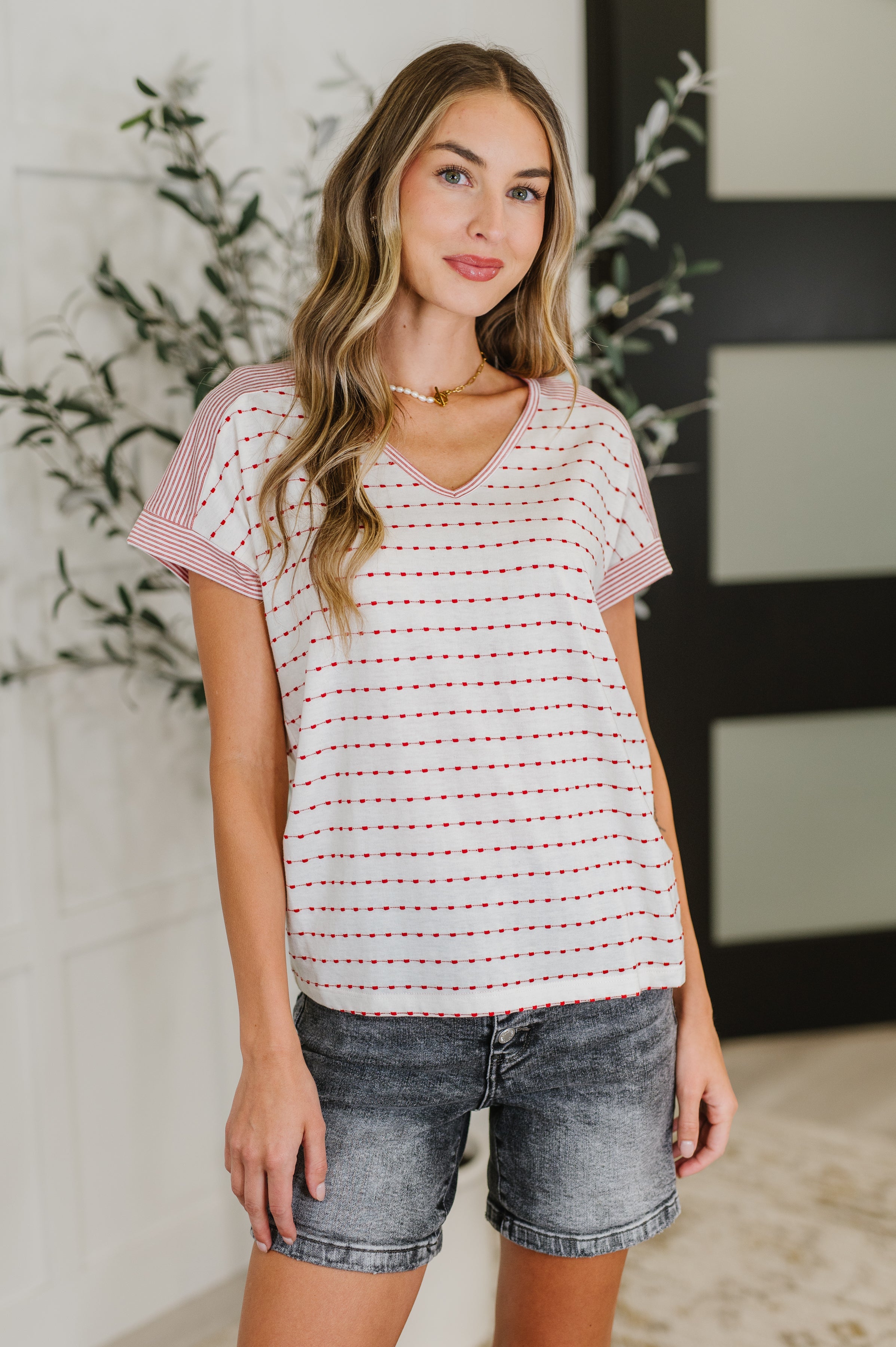 Stitched with Love V-Neck Top in Ivory and Red-Womens-Ave Shops-[option4]-[option5]-[option6]-[option7]-[option8]-Shop-Boutique-Clothing-for-Women-Online