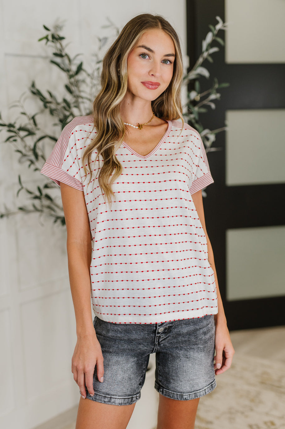 Stitched with Love V-Neck Top in Ivory and Red-Womens-Ave Shops-[option4]-[option5]-[option6]-[option7]-[option8]-Shop-Boutique-Clothing-for-Women-Online