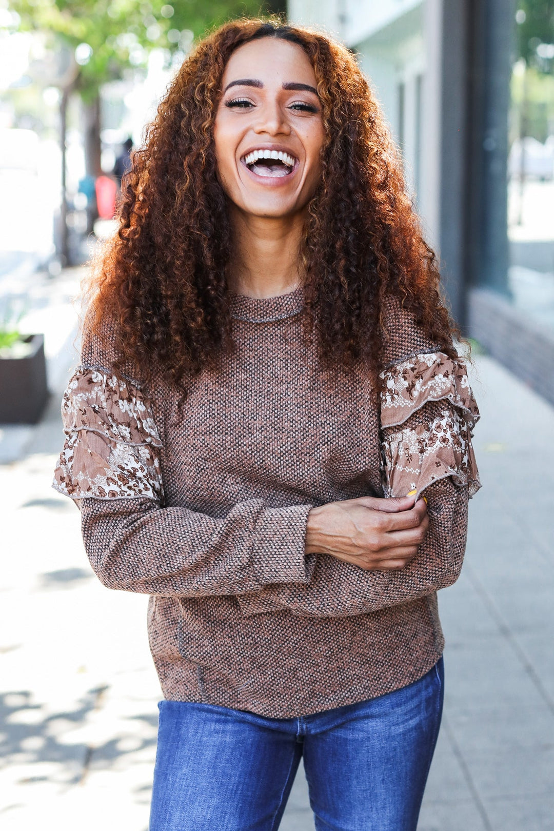 Fall Diva Brown Two Tone Knit Floral Print Frill Detail Sweater-Sugarfox-[option4]-[option5]-[option6]-[option7]-[option8]-Shop-Boutique-Clothing-for-Women-Online