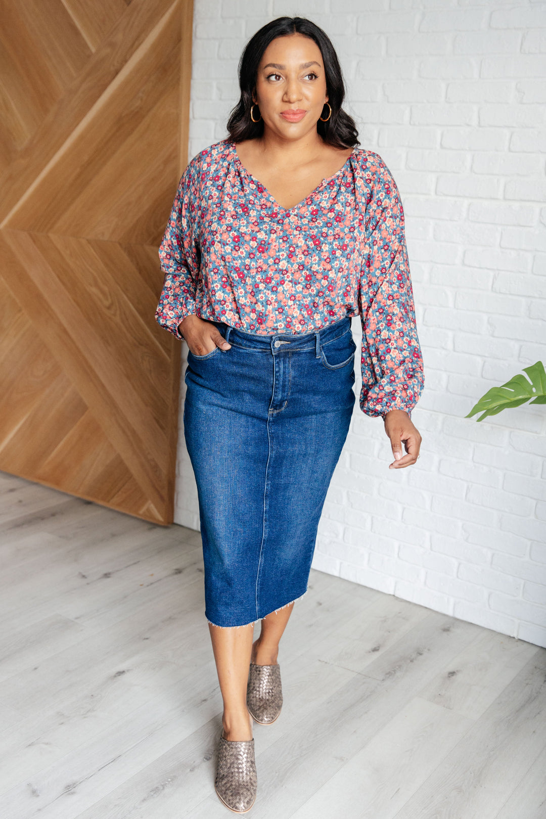 Sunday Brunch Blouse in Denim Floral-Tops-Ave Shops-[option4]-[option5]-[option6]-[option7]-[option8]-Shop-Boutique-Clothing-for-Women-Online