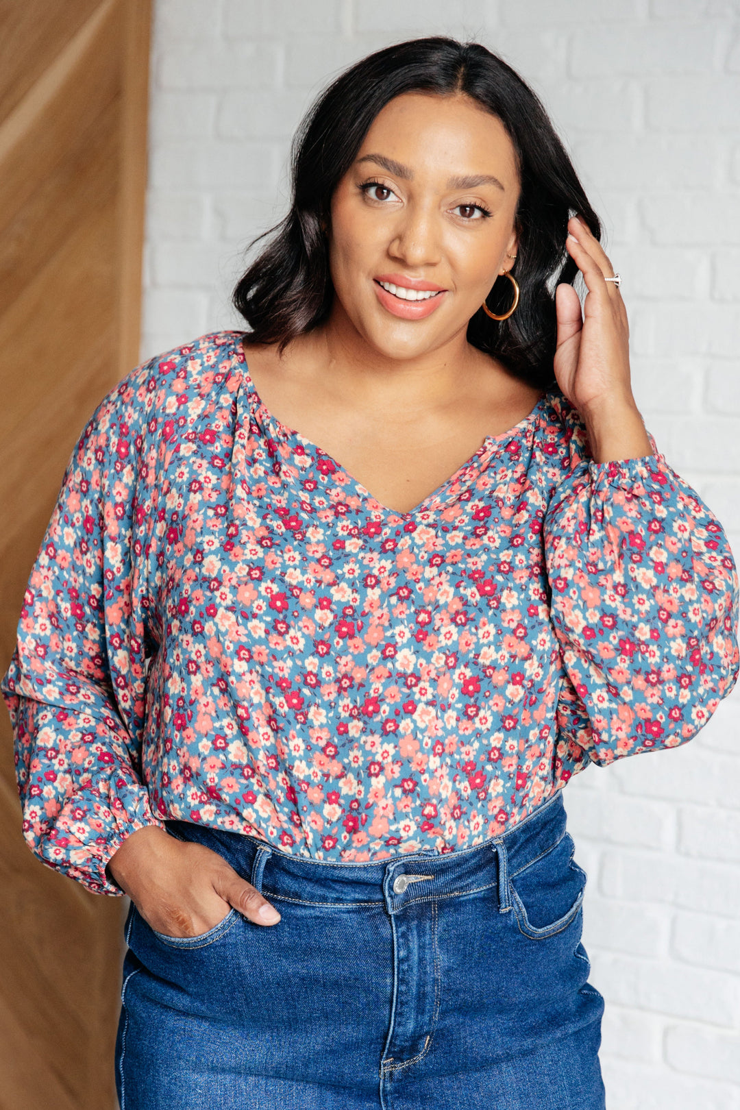 Sunday Brunch Blouse in Denim Floral-Tops-Ave Shops-[option4]-[option5]-[option6]-[option7]-[option8]-Shop-Boutique-Clothing-for-Women-Online