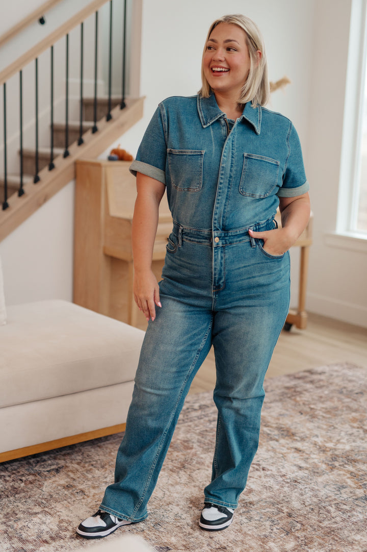 Sylvia Short Sleeve Denim Jumpsuit-Denim-Ave Shops-[option4]-[option5]-[option6]-[option7]-[option8]-Shop-Boutique-Clothing-for-Women-Online