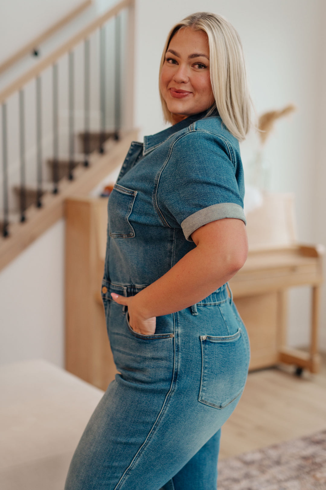 Sylvia Short Sleeve Denim Jumpsuit-Denim-Ave Shops-[option4]-[option5]-[option6]-[option7]-[option8]-Shop-Boutique-Clothing-for-Women-Online