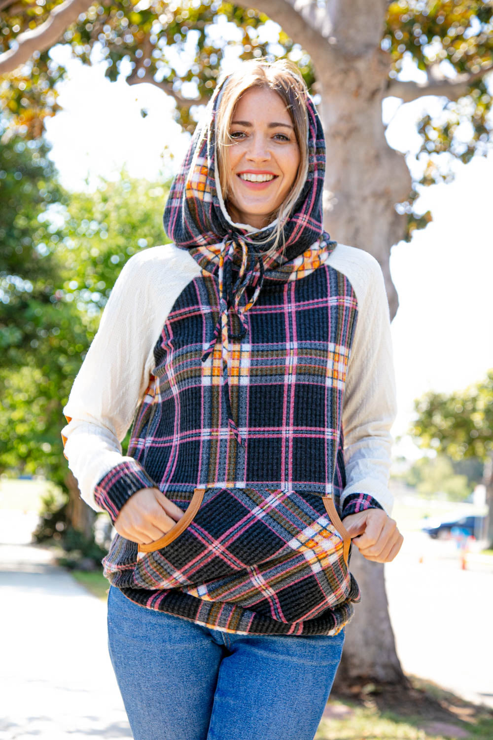 Multicolor Plaid Cable Knit Elbow Pad Hoodie-7th ray-[option4]-[option5]-[option6]-[option7]-[option8]-Shop-Boutique-Clothing-for-Women-Online