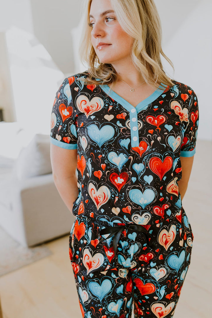 Shirley & Stone Short Sleeve Jogger Pajama Set - Teal Heart-Preorder Shirley&amp;Stone-Shirley & Stone-#1-Teal Heart-4XL-[option4]-[option5]-[option6]-[option7]-[option8]-Shop-Boutique-Clothing-for-Women-Online