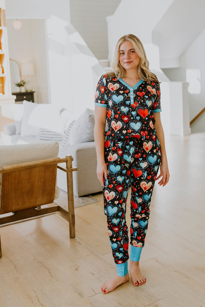 Shirley & Stone Short Sleeve Jogger Pajama Set - Teal Heart-Preorder Shirley&amp;Stone-Shirley & Stone-[option4]-[option5]-[option6]-[option7]-[option8]-Shop-Boutique-Clothing-for-Women-Online