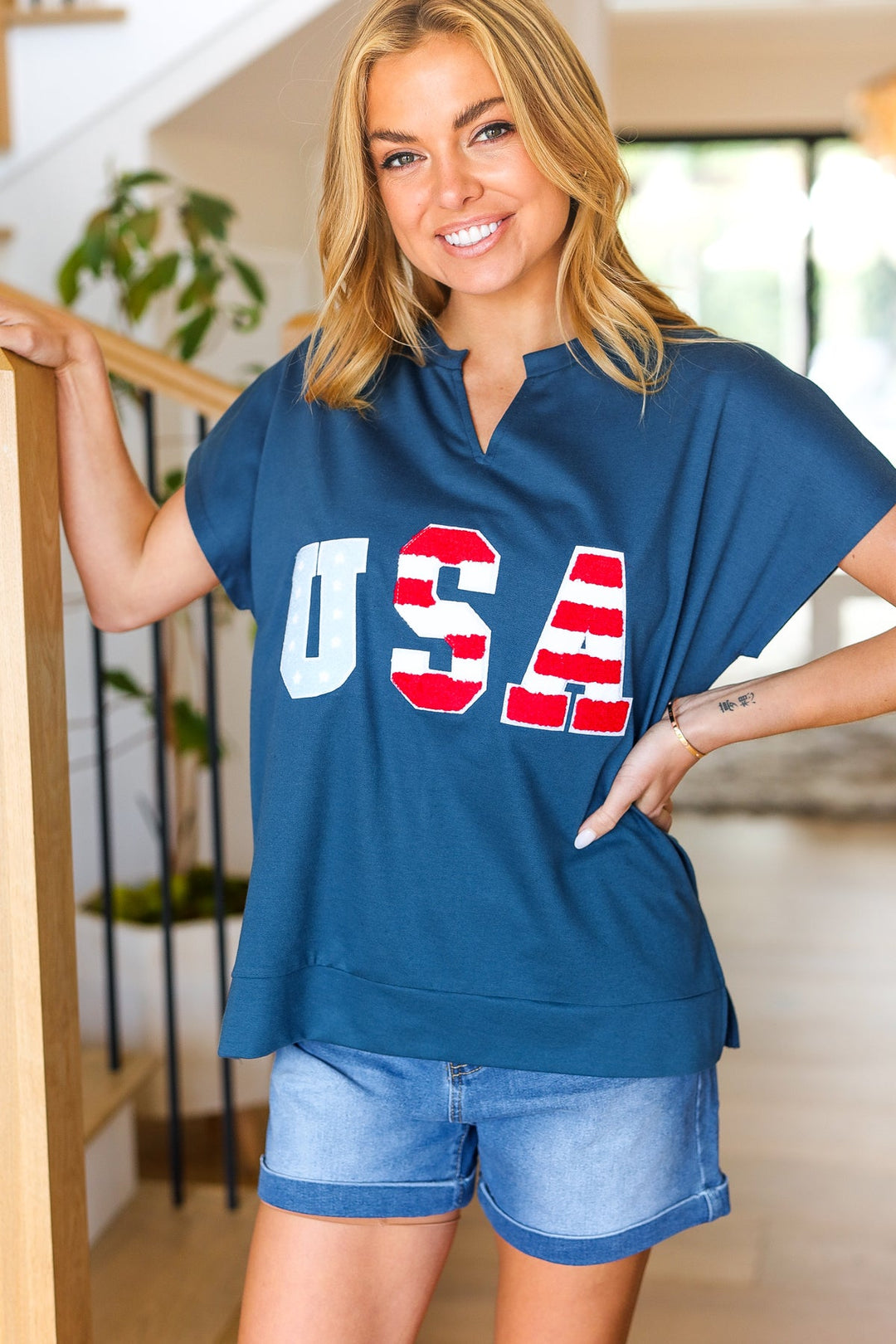 USA Navy Patch Notched Neck Dolman Top-Haptics-[option4]-[option5]-[option6]-[option7]-[option8]-Shop-Boutique-Clothing-for-Women-Online